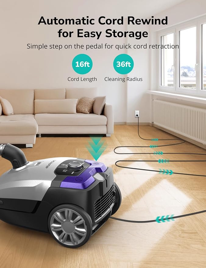 Aspiron Canister Vacuum,1700W/45KPA Bagged Vacuum Cleaner,6QT Large Capacity,Auto Cord Rewind,HEPA Filter,Low Noise,8M Cleaning Radius,Variable Power Control,Easy to Push,Hard Floor,Pet,Carpet