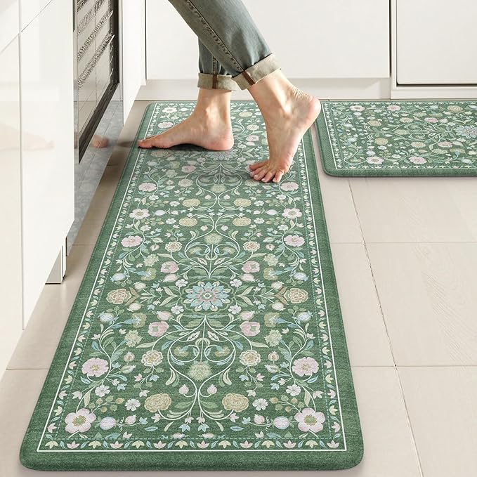 KIMODE Comfort Kitchen Mats for Floor Cushioned Anti Fatigue,Farmhouse Floral Spring Kitchen Rugs Sets of 2 Non Slip,Memory Foam Standing Carpet for Laundry Sink Office,Green