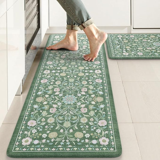 KIMODE Comfort Kitchen Mats for Floor Cushioned Anti Fatigue,Farmhouse Floral Spring Kitchen Rugs Sets of 2 Non Slip,Memory Foam Standing Carpet for Laundry Sink Office,Green