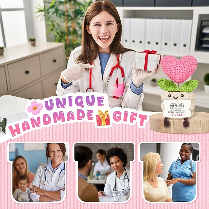 Nurse Gifts - Mini Handmade Crochet Pink Heart Flower, Nurse Essentials, Positive Support Graduation Gifts, Nurses Week Presents for Women