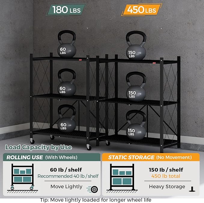 DEANIC 3 Tier Foldable Storage Shelves with Wheels, Kitchen Appliance Stand, Freestanding Metal Wire Shelf Rack, No Assembly Organizer Rolling Cart for Garage, Basement, Pantry (Black)