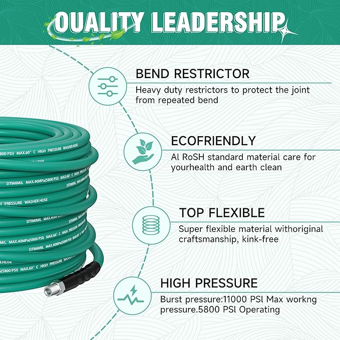 100FT Sewer Jetter Kit for Pressure Washer,1/4‘’NPT Drain Cleaner Hose 5800PSI, With Adapter Corner Rotating Button Nose Sewer Jetting Nozzles Kit Pearl Corsage Pin Spanner Waterproof Tape