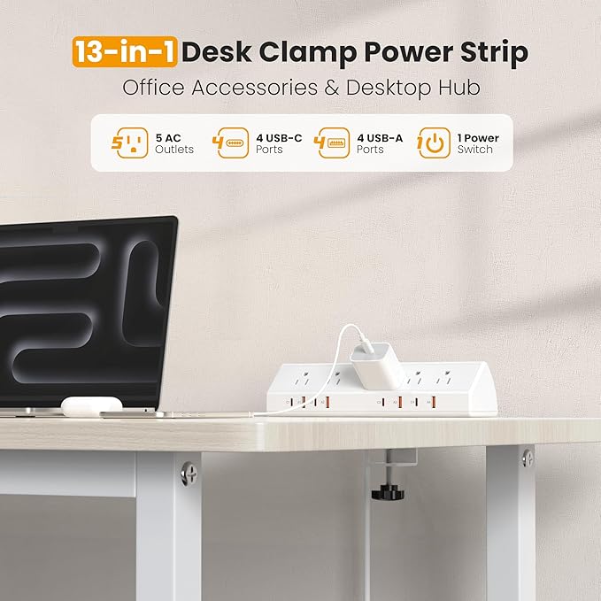 VILONG Desk Clamp Power Strip,65W Total Fast Charging Station,Desk Edge Mount Power Strip,8 USB Ports (4 USB C) & 5 AC Outlets,1200J Surge Protector (White, 6, Feet, Power Strip)