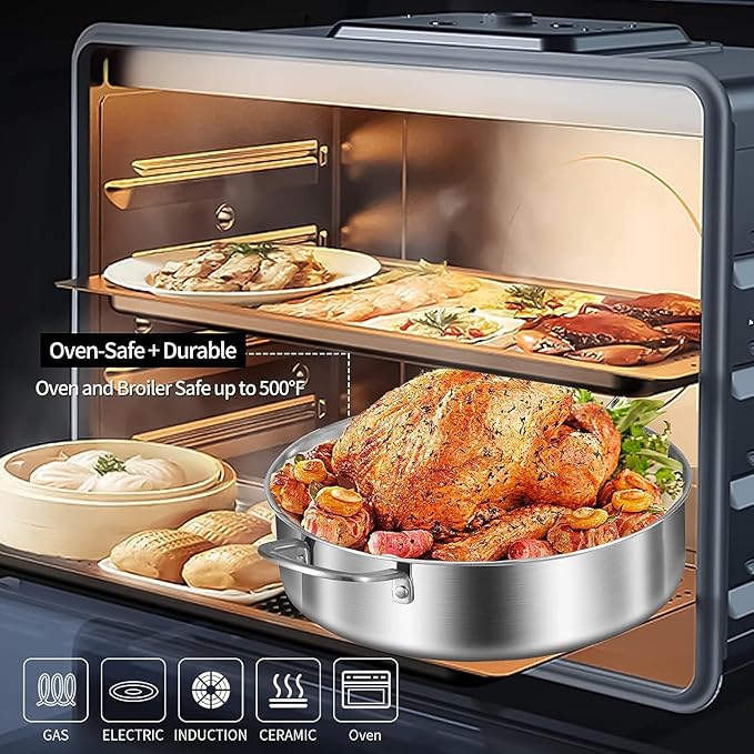 LOLYKITCH 5 QT Tri-Ply Stainless Steel Sauté Pan,12 Inch Deep Frying Pan with Lid,Large Skillet,Jumbo Cooker,Induction Cooking Pan,Dishwasher and Oven Safe.