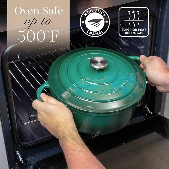 Nuovva Enamelled Cast Iron Dutch Oven Pot with Lid-6.4 Quart Non Stick Casserole Pot-Heavy Duty & Oven Safe up to 500° F for Bread Baking, Braising, Stews, Roasting - 28cm Dark Green