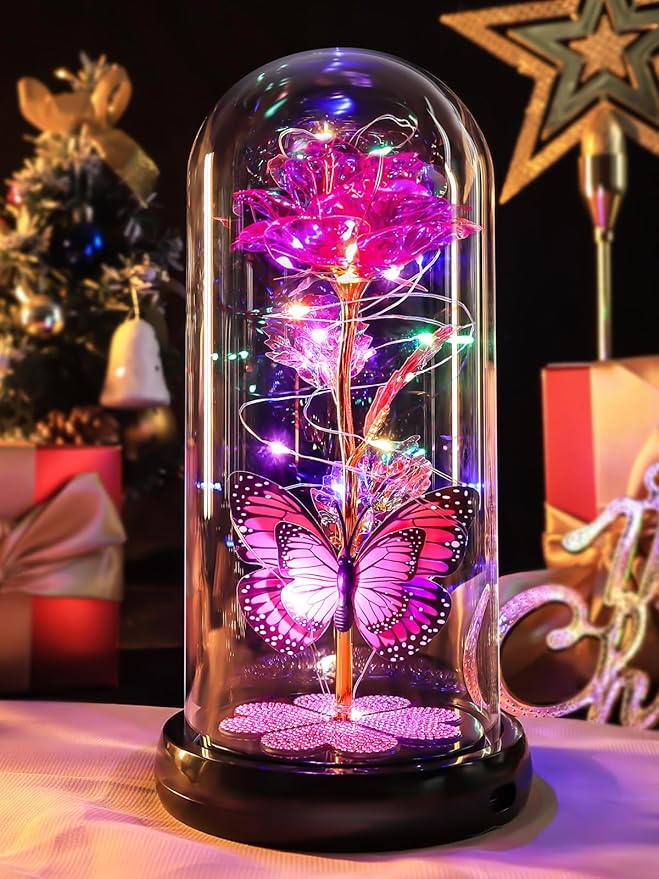 Mothers Day Rose Gifts for Mom Birthday Gift, Rechargeable Galaxy Glass Rose in Glass Dome Crystal Roses Butterfly Anniversary Mother's Day Flowers Gifts for Women Mom Wife Grandma Daughter, Pink