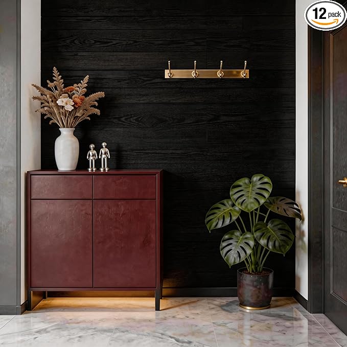 Peel and Stick Wall Panels, Easy Self Adhesive Vinyl Tiles Wall Planks, Farmhouse Wood Grain Shiplap for Kitchen Bedroom Interior WallDecor (12 pcs/18.1 Sq Ft/Box) (Black Walnut)
