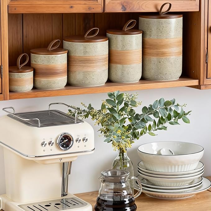 Miamolo Large Storage Containers with Lids, Ceramic Coffee Container Kitchen Food Storage Jars for Spice Sugar Tea Bag, Stackable Decorative Jars for Counter, 61 fl.oz