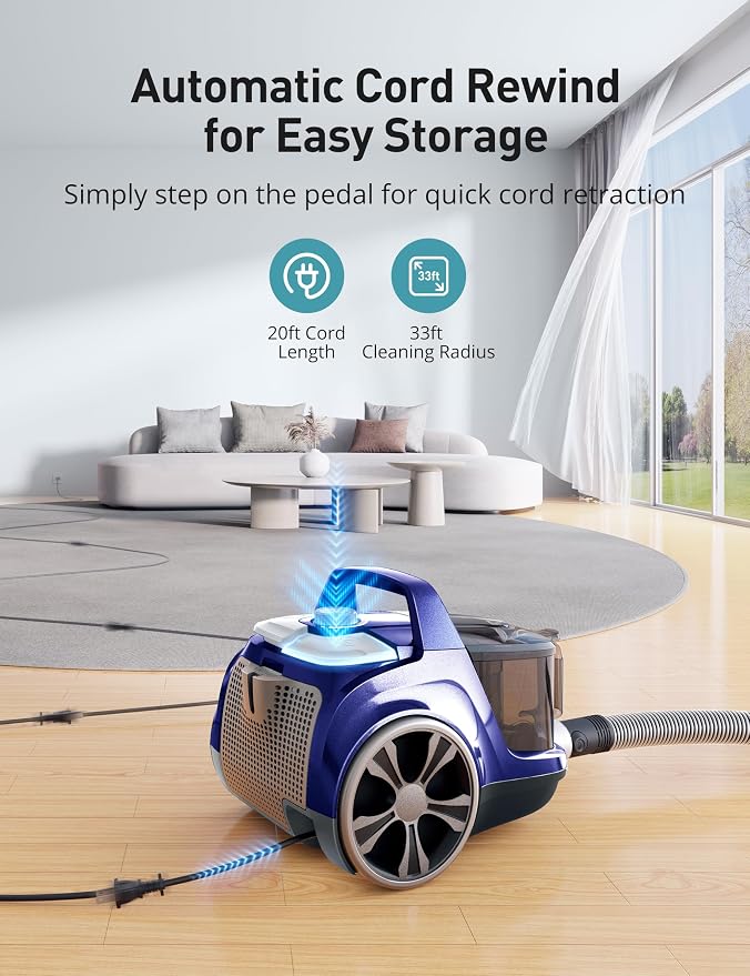 Aspiron Canister Vacuum, Upgraded 1600W Bagless Canister Vacuum Cleaner | Auto Cord Rewind, H13 HEPA Filter, 4Qt Large Capacity, 5 Tools for Hard Floors, Carpet, Pet, Upholstery, Tiles, Aqua