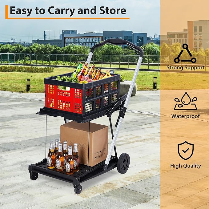 2-Tier Folding Shopping Cart with Wheels, Collapsible Grocery Cart with Removable Crate, Portable Shopping Trolley for Home, Groceries, Garden-Red