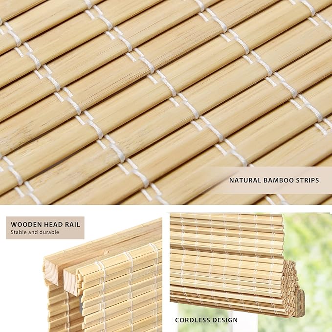 LazBlinds No Tools No Drill Cordless Bamboo Roman Shades, Privacy Window Treatment, Roll Up Bamboo Blinds for Windows 30'' W x 64'' H, Natural