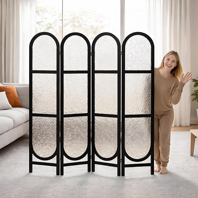 Acrylic Room Divider 4 Panel 67" Tall Arched Room Divider and Privacy Screen with Solid Paulownia Wood Frame, Freestanding Partition Divider for Room Separation, Home, Bedroom - Black