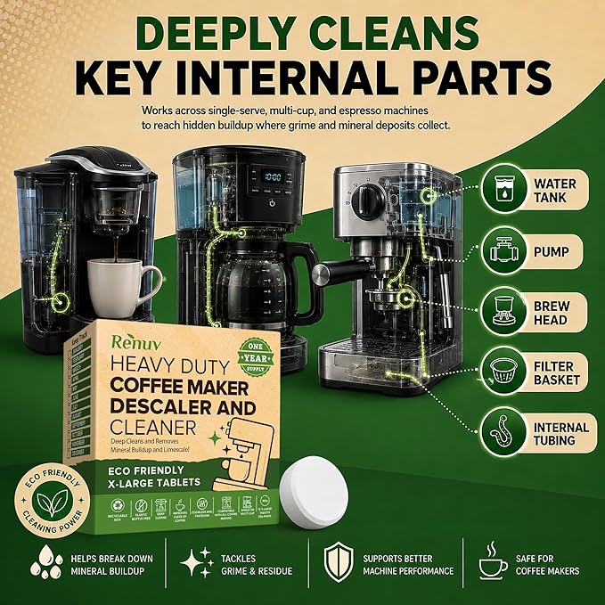 Renuv® Dishwasher Cleaner + Coffee Maker Cleaner Bundle - Heavy Duty Kitchen Appliance Deep Cleaning, Descaling, (12 Tablets of each)