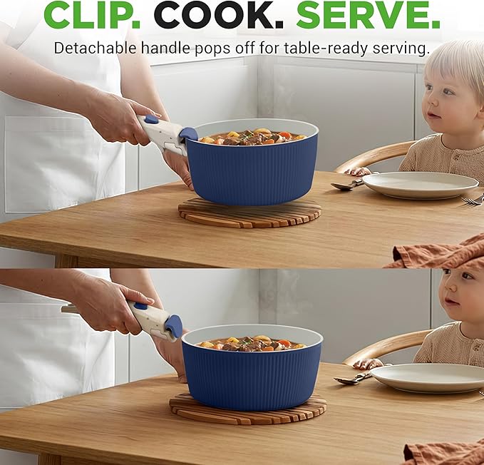 NutriChef 18-Piece Ceramic Cookware Set with Detachable Handles, Space-Saving Nonstick Pots, Pans & Lids, Oven-Safe Bowls, Stackable Storage, Includes Cooking Utensils & Accessories (Blue)