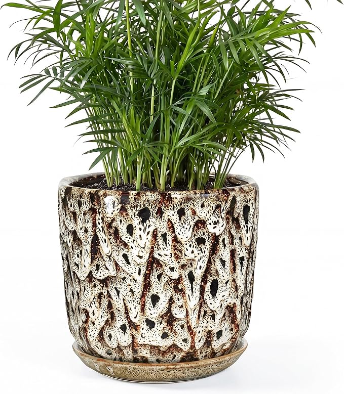 7.8 Inch Ceramic Plant Pot with Drainage Hole Mesh Net, Large Flower Pots for Indoor Plants with Saucer, Gardening Pots Outdoor