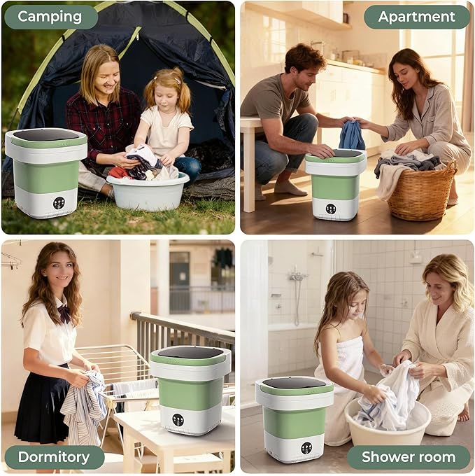 20L Foldable Portable Washing Machine, 45dB Ultra Quiet 3 Speed Mini Laundry Washer, No Installation Compact Underwear Clothes Washer for Travel RV Dorm Apartment Camping Home, Green