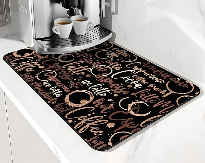 Coffee Bar Mat Accessories for Countertop Absorbent Hide Stain Rubber Backed Dish Drying Mats for Kitchen Counter Draining Pad Decor Gift (20x12in)