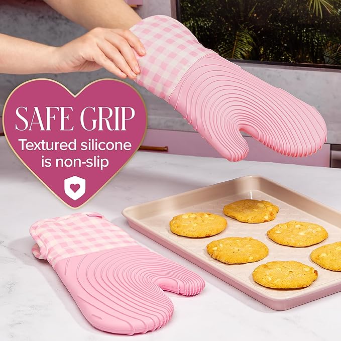 Paris Hilton Oven Mitt Set with Limited Edition Pink Gingham Design, Heat Resistant Pot Holders Featuring Non-Slip Textured Silicone Grips, 2-Piece Set, Pink