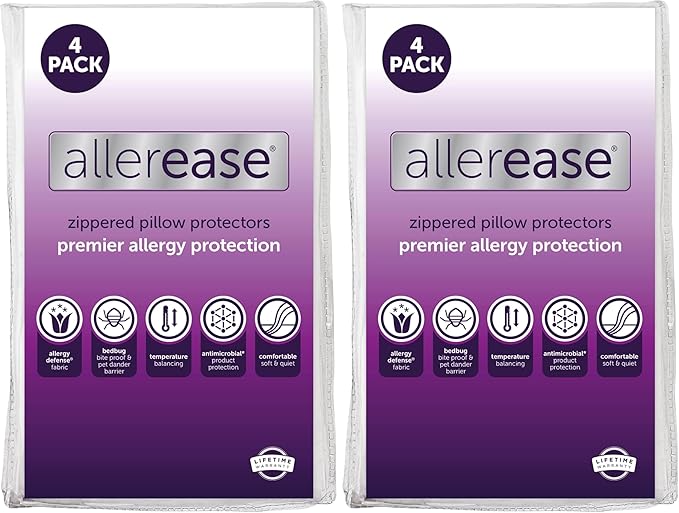Set of 4 King AllerEase Pillow Protectors - Temperature Balancing,Allergist Recommended - Premium Breathable,Zippered Protectors,(Pack of 2)