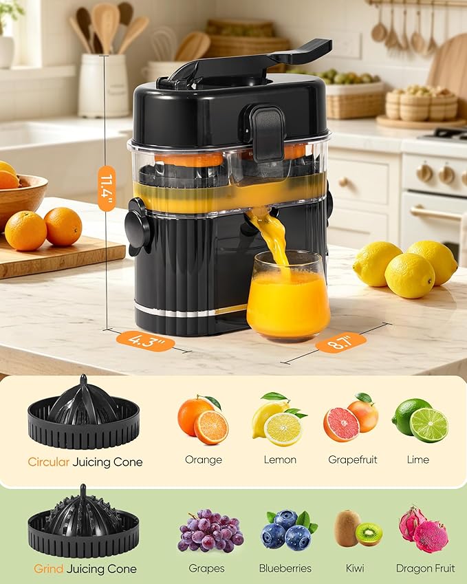 Electric Orange Juicer, Dual-Head Citrus Juicer Squeezer with Power Cord & Cleaning Brush, Built-in Cutter, One-Touch Automatic Electric Juicer Machine for Orange, Lemon and Grapefruit, Black