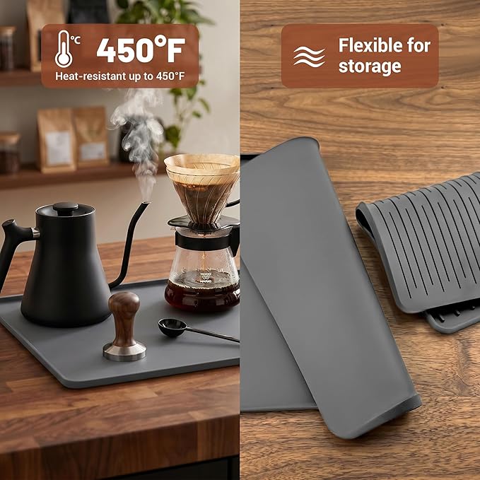 16×16-inch Silicone Coffee Mat for Espresso Machine - Heat Resistant, Waterproof Countertop Protector Pad with Raised Edges, Easy Clean Dish Drying Mat for Kitchen, Pet Food Mat (Grey)