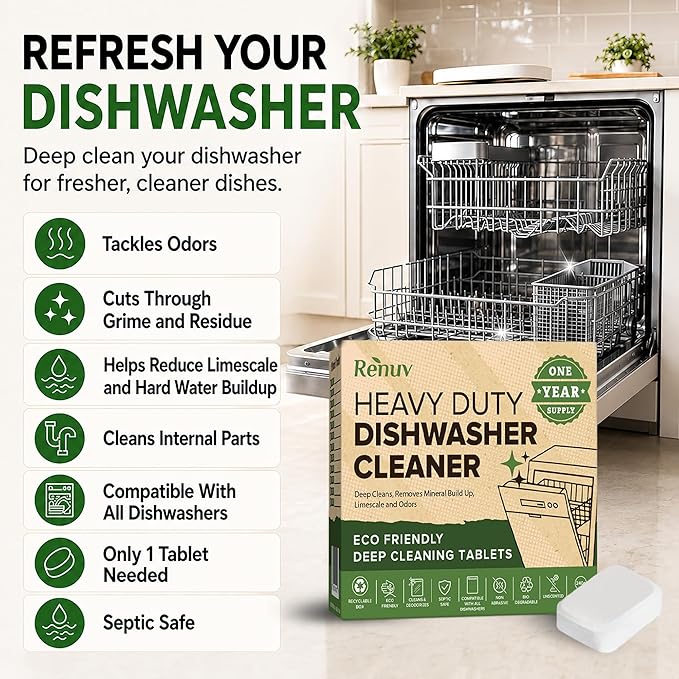 Renuv® Heavy Duty Dishwasher Cleaner & Deodorizer Tablets, Descaler, Deep Cleaning, Natural Odor & Smell Remover, Calcium, Limescale, Hard Water Marks, Grease, Septic Safe Pods (12 Tabs 1 Yr Supply)