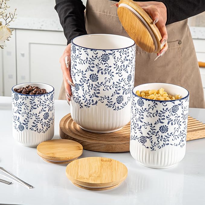 Canisters Sets for Kitchen - Ceramic Kitchen Containers for Countertop with Airtight Wood Lids - Flour and Sugar Containers for Coffee Tea Spice Beans Cookie Jars - Blue Set of 3