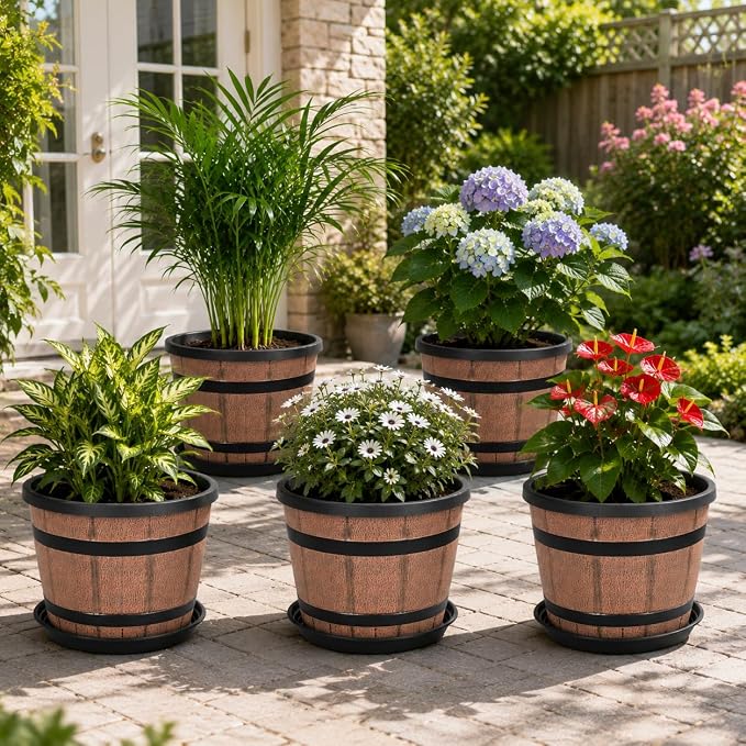 14 Inch Whiskey Barrel Planters with Drainage Holes & Saucer, 5 Pack Plastic Plant Pots with Wine Barrel Design, Flower Pots for Indoor Outdoor Balcony