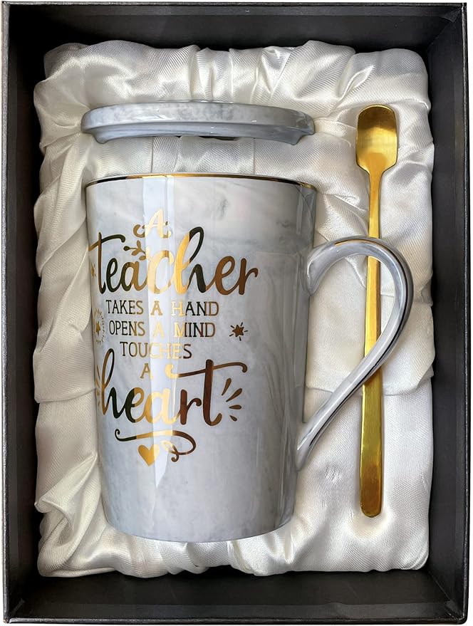 Best Teacher Appreciation Gift for Women Men - A Teacher Takes A Hand Opens A Mind Touches A Heart - Funny Valentines Graduation Retirement Gifts, 14Oz Grey Coffee Mug with Gold Print, Nice Gift Boxed