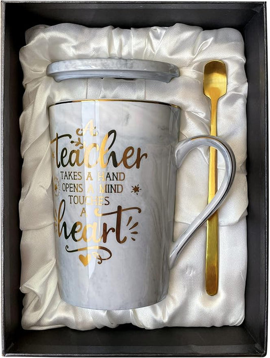 Best Teacher Appreciation Gift for Women Men - A Teacher Takes A Hand Opens A Mind Touches A Heart - Funny Valentines Graduation Retirement Gifts, 14Oz Grey Coffee Mug with Gold Print, Nice Gift Boxed