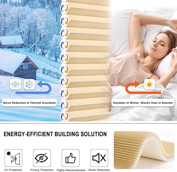 Tonature No Drill Cellular Shades for Indoor Windows, Thermal Insulating & Noise Reducing Honeycomb Blinds, Free Stop Cordless Light Filtering Shades, Beige,31" W x 64" H