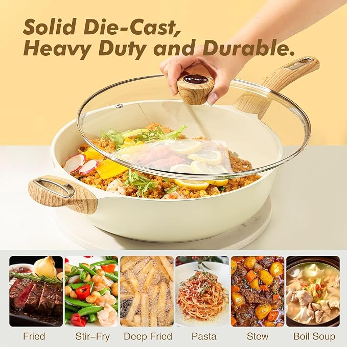 SENSARTE Ceramic Nonstick Frying Pan Skillet with Lid, 12 Inch Large Deep Frying Pan, 5 QT Saute Pan, Induction Pan, Healthy Non Toxic Cooking Pan with Helper Handle, PFOA PFAS PTFE Free