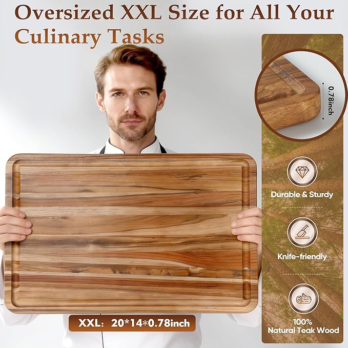 XXLarge Teak Cutting Board Non Toxic Wood Chopping Board Wooden Bamboo Charbuterie Butcher Block Heavy Duty Non Slip Teak Wood Cutting Board for Kitchen