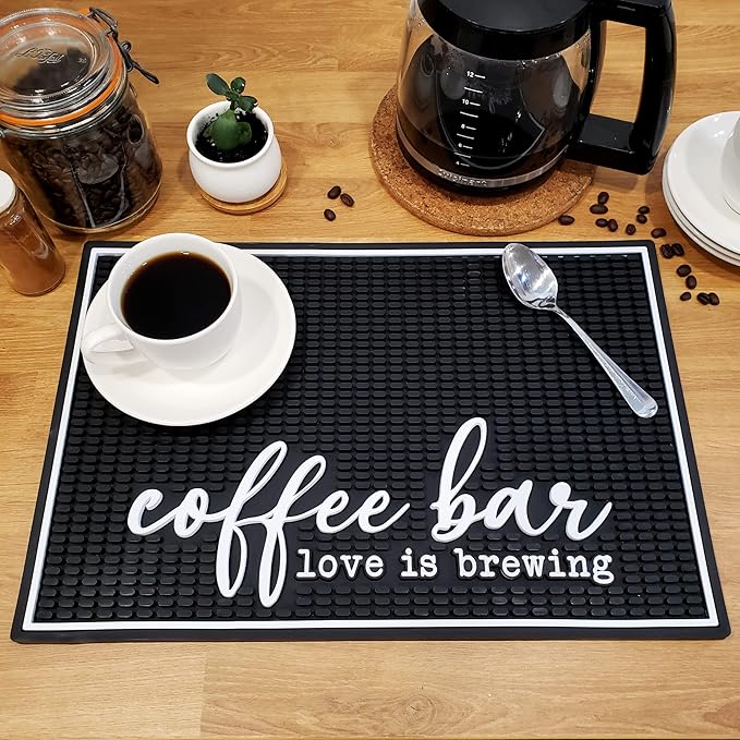 New Mungo Coffee Bar Mat – “Love Is Brewing” – Spill-Proof PVC Coffee Station Mat, Non-Slip Countertop Protector 18"x12"