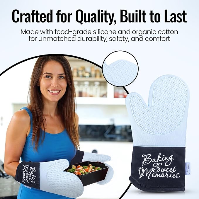 Mitts - Long Slip Resistant Pot Holders - Silicone Oven Mitts - Baking Gloves for Oven - Perfect for Baking, BBQ, Cooking, and Grilling, Oven Mitts Set of 2, 7''x13'' (Blue)