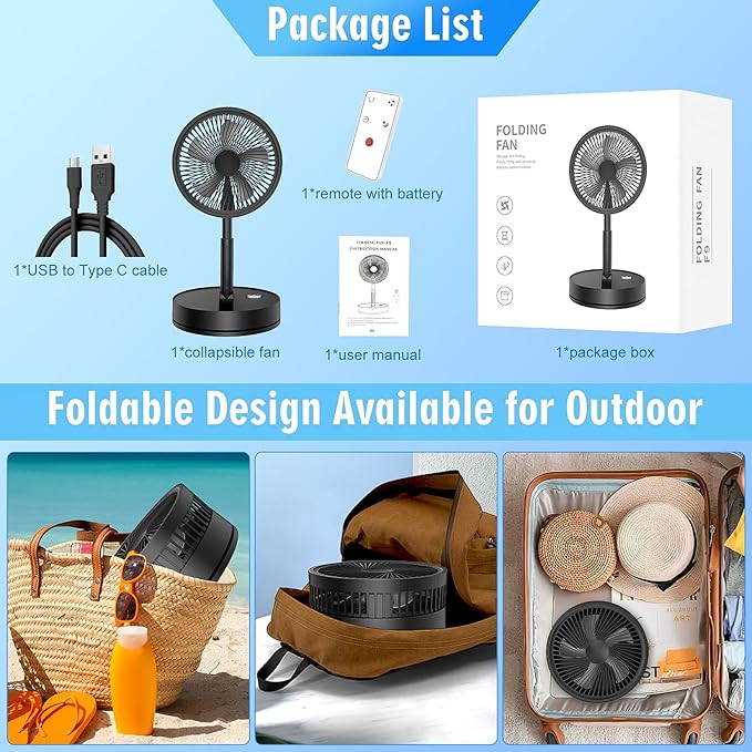 LIPETY Portable Foldable Oscillating Fan - 8.6" 8000mah Rechargeable Battery Operated USB C Small Fan with Remote Quiet Table Desk Fan Folding Standing Pedestal Fan for Rome Office Camping Travel
