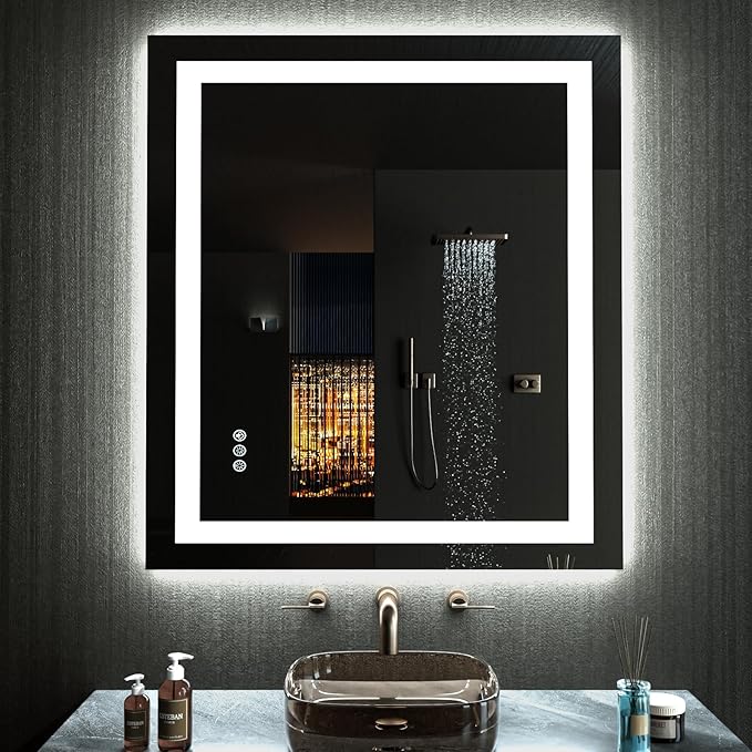 LOAAO 28"X32" LED Bathroom Mirror with Lights, Anti-Fog, Dimmable, RGB Backlit + Front Lighted, Bathroom Vanity Mirror for Wall, Memory Function, Tempered Glass, ETL Listed