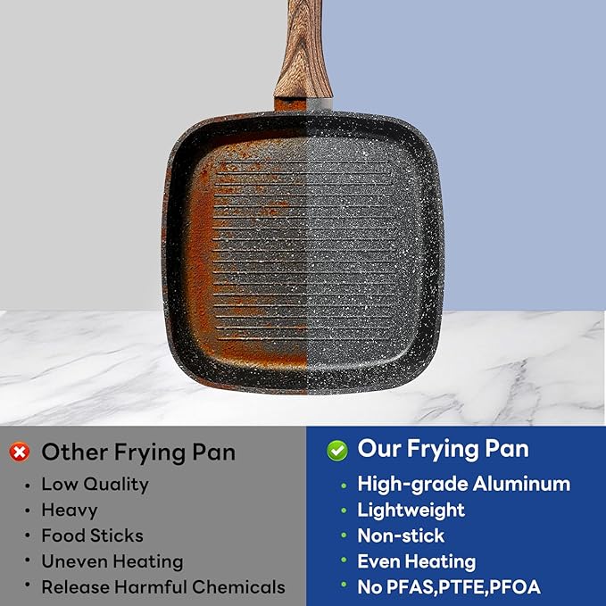 DUMOS 3 Pcs Grill Pans Set, Nonstick Square Frying Pan Skillet Set with Stay Cool Handle & PFOA Free, Compatible with All Stovetops (9.5" 10" 11") Black