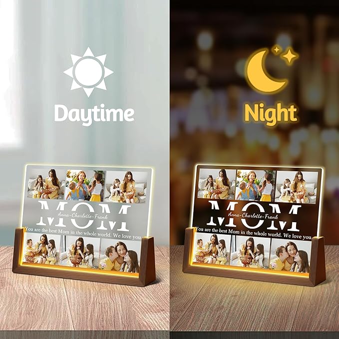Personalized Mom Gifts For Mothers Day From Daughter Son Husband, Custom Light Up Picture Frame Acrylic Plaque With Photo Name, Customized Birthday Christmas Gifts For Mom Grandma Wife Women