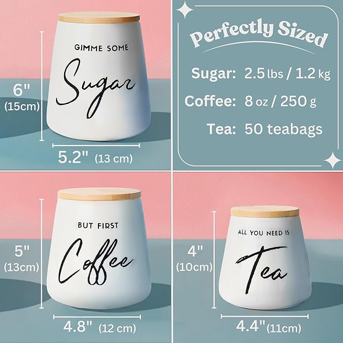 Coffee Tea and Sugar Ceramic Canister Set with Bamboo Lids - 3-Piece Airtight Kitchen Canisters for Countertop - Coffee Bar Container Set, Off-White