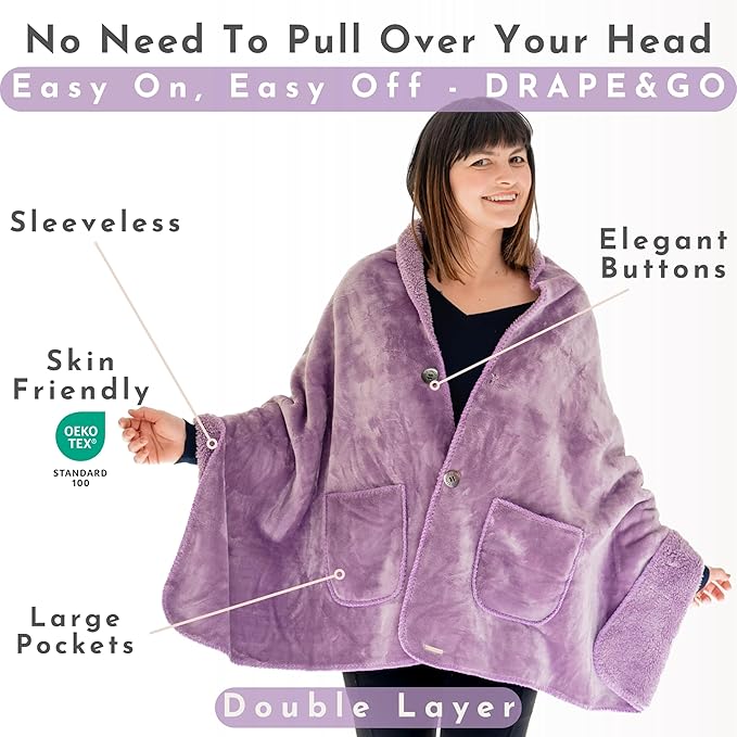 EzrAllora Premium Double Layer Wearable Blanket for Women - Drape and Go No Sleeves- Shawl Wrap with Pockets - Grandma Mom Gifts (Velvet Lavender)