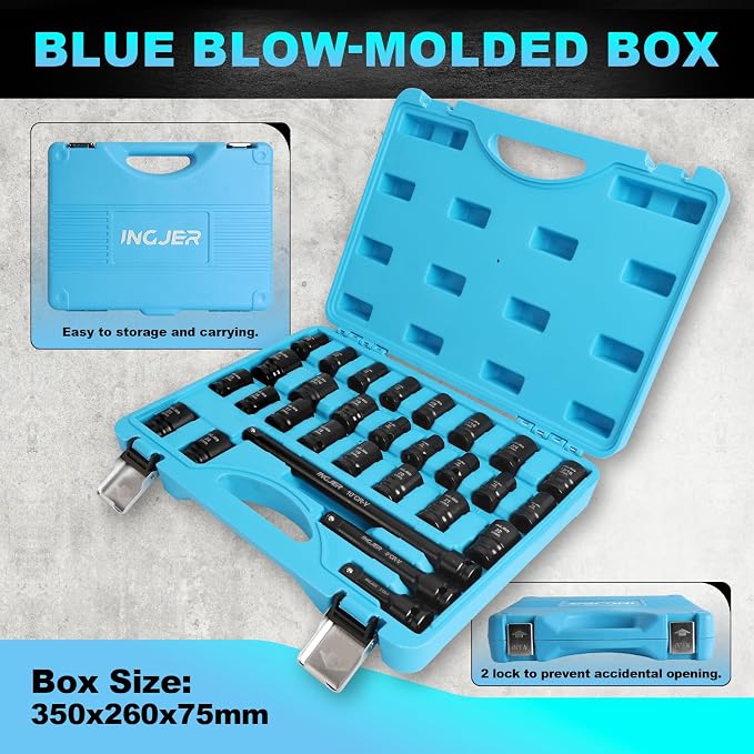 1/2 Impact Socket Set, 29PCS Shallow, SAE (3/8 to 1 inch) and Metric (10-24mm) Sizes with Extension Bars Standard Shallow Socket Set CR-MO Material High Torque Truck Bearing Locknut