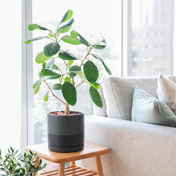 D'vine Dev 8 Inch Ceramic Planter Pot, Slate, 94-O-D-5 | Modern Cylinder Design, Drainage Hole & Saucer Included, Stable Structure, Elegant Home Accent
