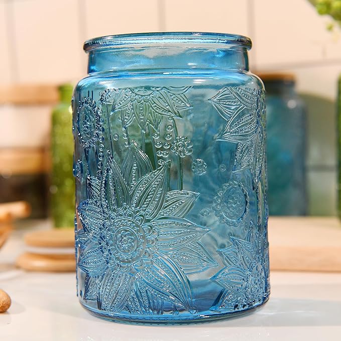 Custde Glass Storage Jars With Airtight Lid, 23.7oz Canister For Kitchen Counter with Bamboo Lid, brown sugar, candy, coffee, cookie, salt, tea,pantry cute Jar (Blue 2-Pack, 23.7 fl oz)