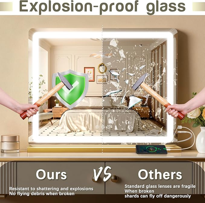 ROLOVE 23"x18" Gold Vanity Mirror with Lights, Large Lighted Makeup Mirror with 10X Magnifier, 3 Color Lighting & Stepless Dimming, Wall Mounted or Tabletop Desk Mirror for Bedroom