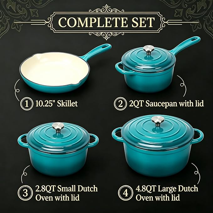 QuliMetal Enameled Cast Iron Cookware Set, 4-Piece Pots and Pans Set with Lids, 10.25" Skillet, 2QT Saucepan, 2.8QT & 4.8QT Dutch Ovens, Oven Safe to 500°F, All Stovetops Compatible - Teal