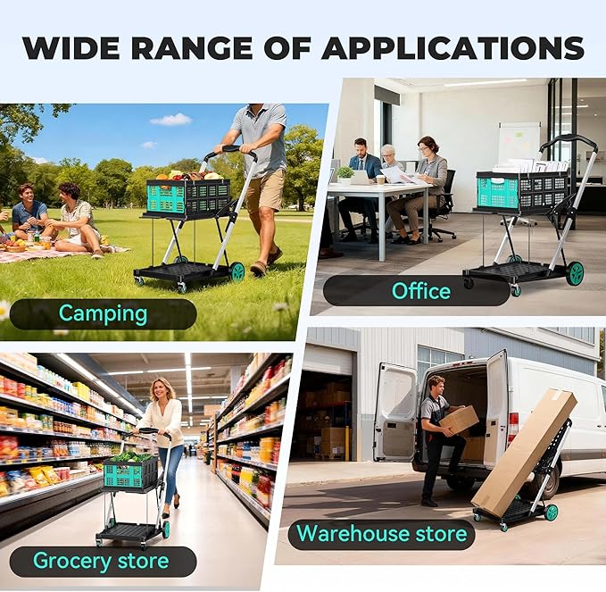 SILVEL 8-in-1 Collapsible Shopping Cart, 200LBS Portable Multi Functional Rolling Crate with 1 Storage Cart,Adjustable Handle Folding Grocery Cart on Wheels for Warehouse, Office, Supermarket, Teal