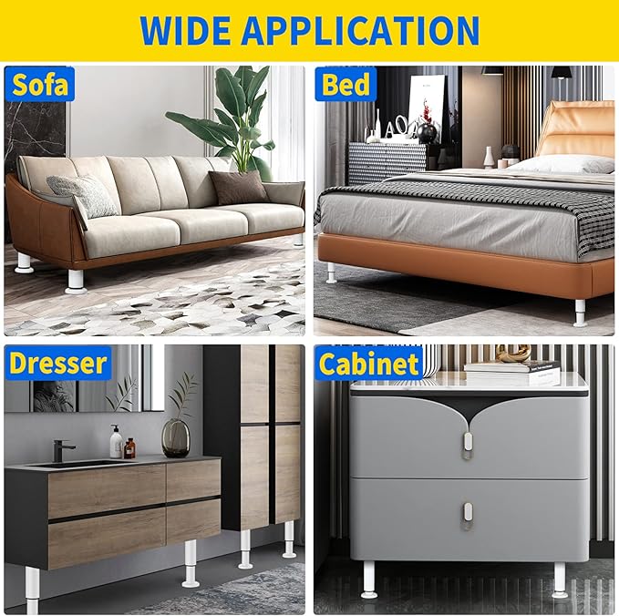 4 PCS Adjustable Height Bed Support Legs [with 18PCS Screws] for Bed Frame/Bed Center Slat, Heavy Duty Furniture Replacement Legs 7.08-12.2 inch for Sofa/Cabinet/Couch/Dresser/Table (White)
