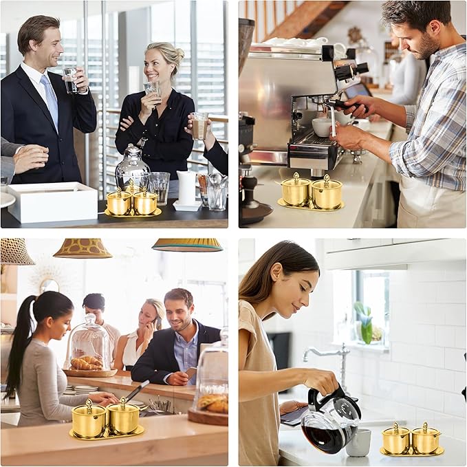 holoith 2 Pcs Coffee and Sugar Dispenser with Tray - 10 oz Sugar Bowl with Glass Lid and Spoon for Coffee Bar Accessories Kitchen Storage for Salt,Coffees Bean,Brown Sugar Cubes (Gold)