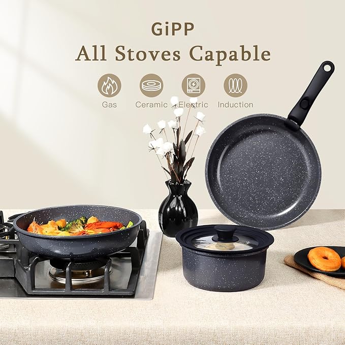 GiPP Ceramic Pots and Pans Set Non Stick, Nonstick Detachable Handle Cookware Sets, Healthy Non Toxic PFAS PFOA & PTFE Free, Dishwasher ＆Oven Safe, Induction Kitchen Pot and Pan, 21 Piece Grey